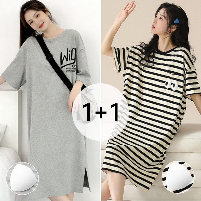 Belua 1+1 여성 여름 반팔 캡내장 잠옷 원피스 빅사이즈 오버핏 홈웨어 파자마