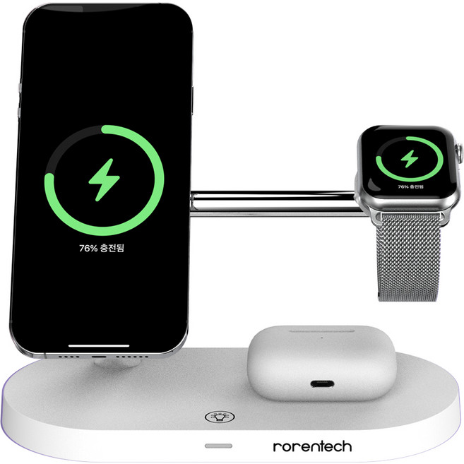로랜텍 아이폰 애플워치 에어팟 맥세이프 고속 무선충전기, 화이트, 1개