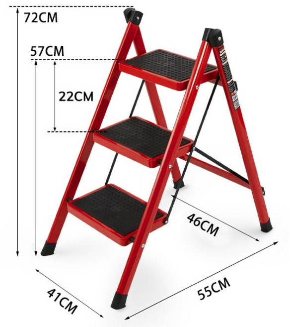 家用折疊鋁合金三步驟梯凳，安全承重，方便收納, 復古紅, 1個