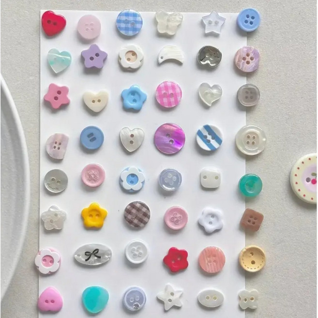 50p 마카롱 파스텔컬러 꽃무늬 기하학 패턴 DIY단추 혼합형 니트웨어 꾸미기 장식용 행운의 단추, 50개, 멀티