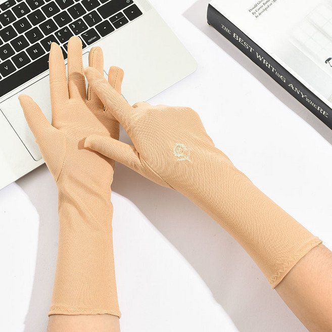예삐스토어 플라워 자수 3부 운전 장갑 롱장갑 운전용 긴 얇은 면장갑 UV 자외선 차단, 2세트, 베이지
