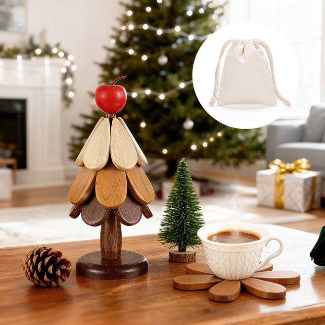 kemei 크리스마스 트리 모양 원목 단열 매트 식탁 컵받침 홈 인테리어 선물용, 1개, 사과