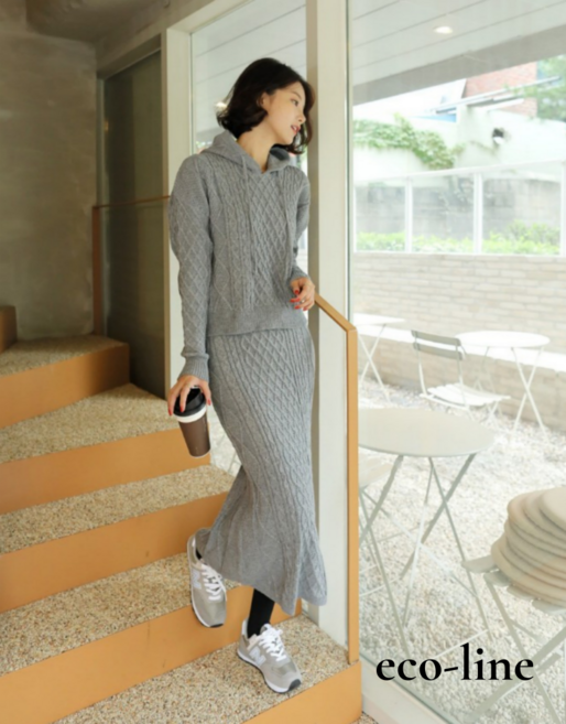 에코라인 꽈베기 후드 니트티 니트 롱스커트 투피스 세트