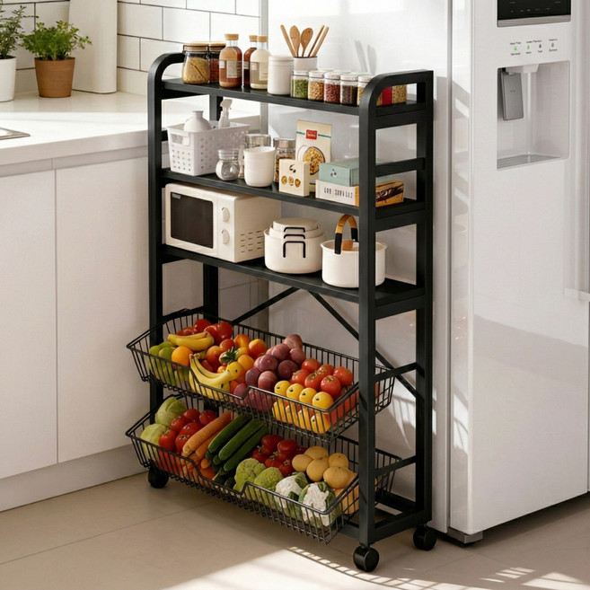 소프트엣지 이동식 렌지대 주방 수납장, 블랙+블랙 프레임, 3단