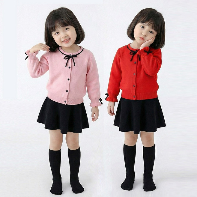 지디오 키즈 여아 리본 니트 가디건 2개 세트 아동 프릴 라운드넥 이너 스웨터 가을 겨울 카디건