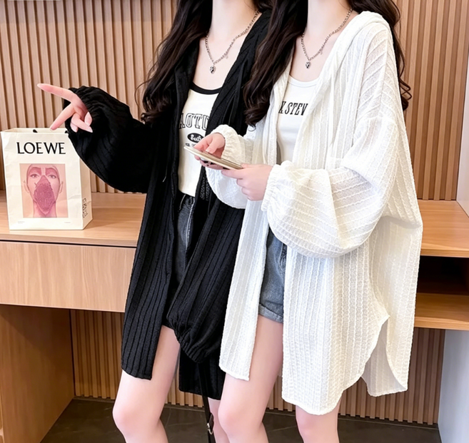 (신상 추천) 150kg까지 빅사이즈 1+1 여성 후드 입체 미디 날씬해보이는 언발 가디건 봄 가을 편한 얇은 박스 독특한 디자인 캐주얼 심플 패션 데일리 화이트 블랙 카디건