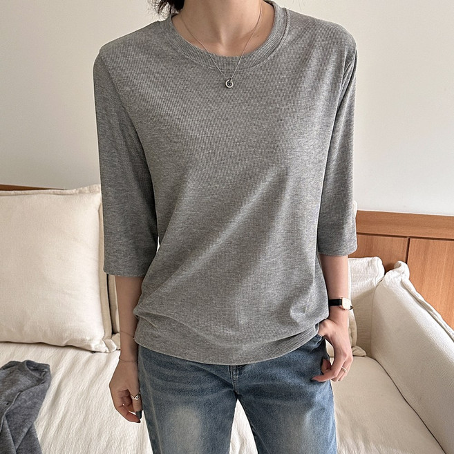 데일리앤 뮤이 여성 스판 기본 이너 골지 7부 무지 티셔츠 봄 가을