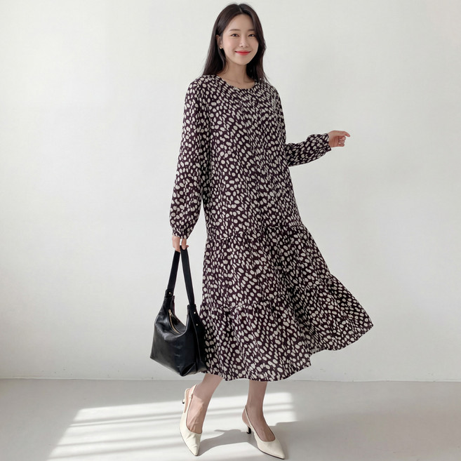 여성 빅사이즈 멜로우 도트 루즈핏 쉬폰 라운드넥 긴팔 롱원피스