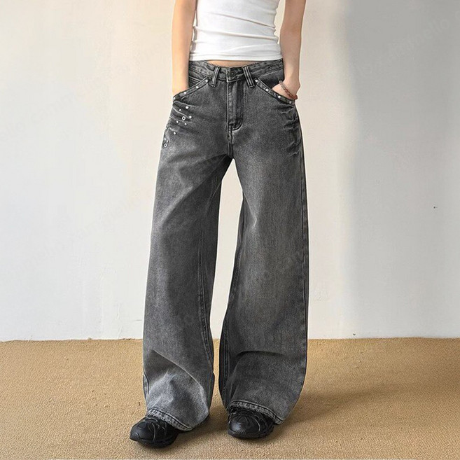 cammello 빈티지 유니크 스터드 와이드 데님 팬츠 여성 뒷밴딩 루즈핏 청바지 Y2K