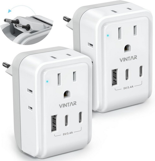 유럽 여행용 플러그 어댑터 2팩 4개의 AC 콘센트가 있는 VINTAR 접이식 국제 전력 3개의 USB 포트2개의 C 미국 대부분의 EU 이탈리아 스페인 프랑스 슬란드용 타입, 17W-Type C - Most