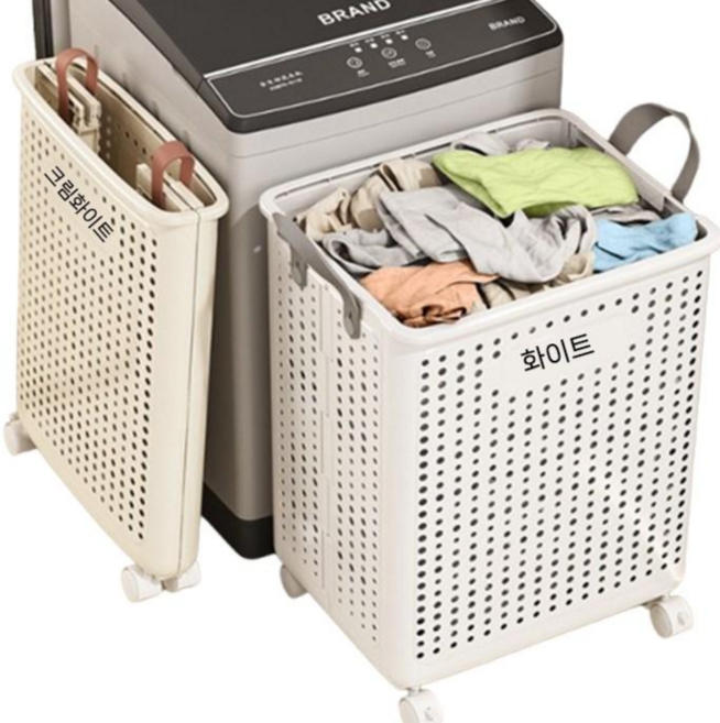 바퀴달린 접이식 빨래바구니 이동식 틈새 세탁바구니, 화이트, 1개