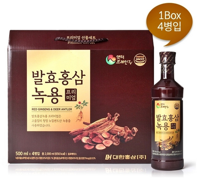 발효 홍삼 녹용 추출 농축액 액기스 액상 진액 500ml 4병 명절 선물 세트 부모님 수험생 성장기 어린이 가족 건강, 4개