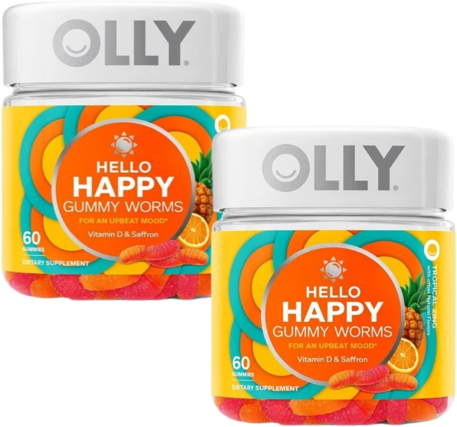 OLLY Hello Happy 구미 웜즈 성인 무드 밸런스 비타민D 사프란 츄어블 60개 2개, 60정 - 쿠팡