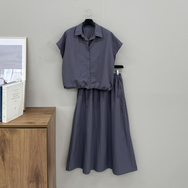 [행복여] 피노 카라 밑단 스트링 셔츠 플레어 밴딩 스커트 세트