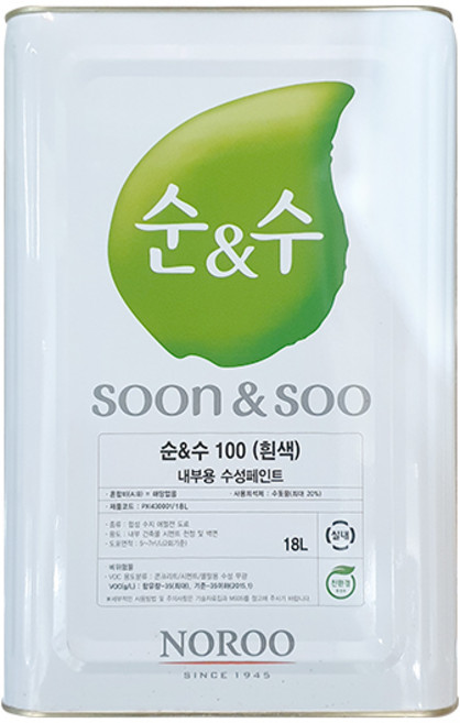 노루페인트 순앤수 100 내부용 페인트 친환경 벽지 사무실 스튜디오 18L, 기본 백색, 1개