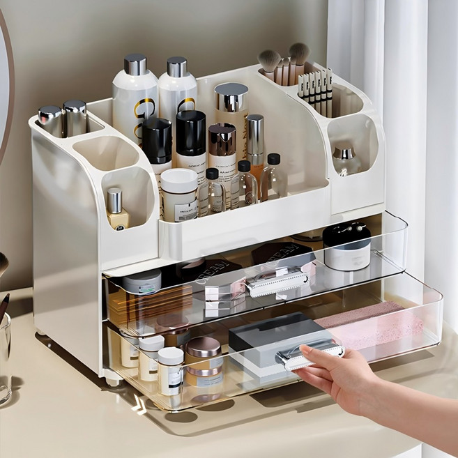 Shipshape 투명 서랍식 다용도 화장품 정리함 대용량 정리대, 화이트, 1개