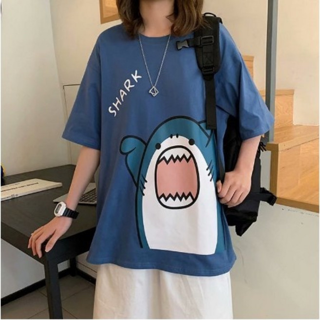 男女寬鬆印花短袖T恤 鯊魚圖案休閒圓領上衣