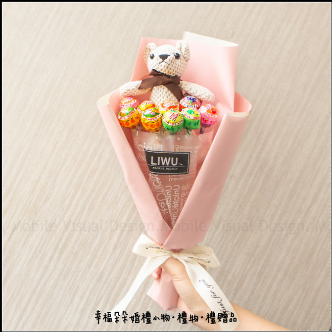 LIWU 棒棒糖白色小熊花束, 單束, 1件