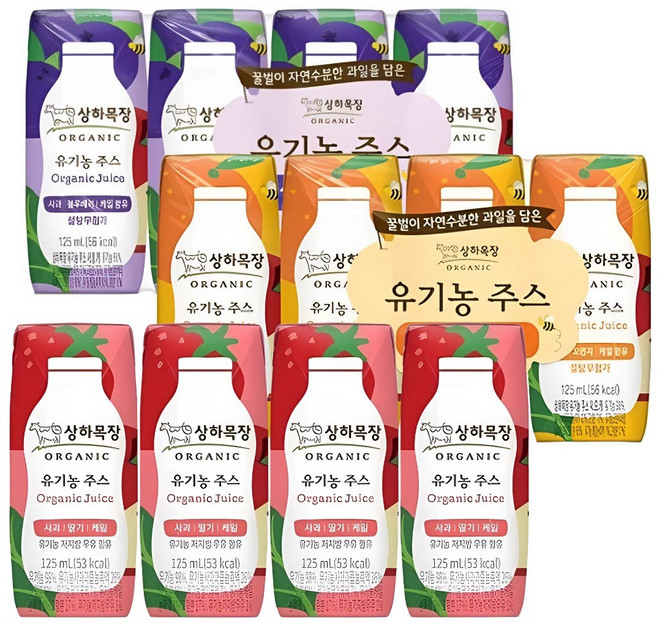 상하목장 유기농주스 사과오렌지케일4 + 사과블루베리케일4+ 사과딸기케일4(총12팩), 1세트, 125ml