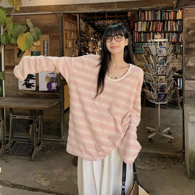 러우 여성 스트라이프 오프숄더 루즈핏 긴팔티 여리핏 박시핏 봄 가을 티셔츠