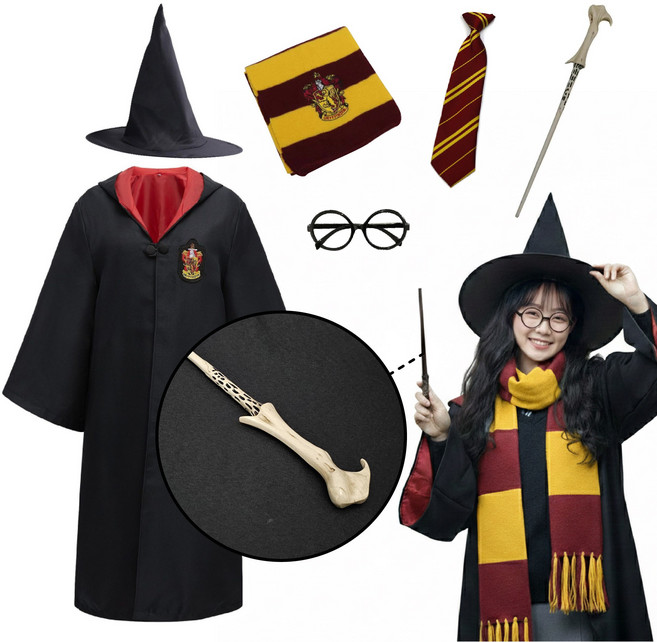 [청춘교복] 고퀄리티 해리포터 코스프레 6종세트 로브+머플러+자동무지타이+안경+지팡이 택1+모자 할로윈 마법사 졸사 졸업사진