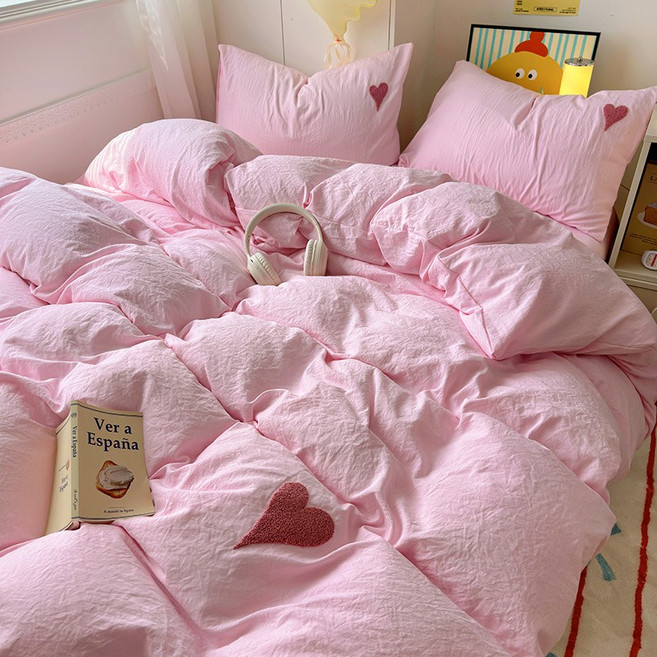 프리미엄 하트 자수 이불 커버 4종세트 모던 러브 하트 침구 세트 인스타감성 연인용 하트 침구세트