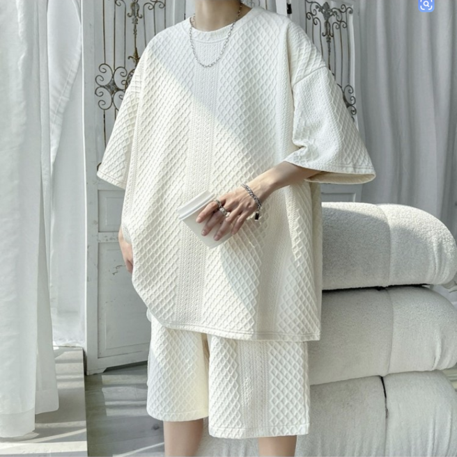 아톰닉 남자와플 셋업 몽드 텍스처 릴렉스 셋업 스노우 코튼 무드세트 화이트클라우드 릴렉스핏남녀공용 와플 반팔반바지 세트여름용 오버핏 와플 셋업