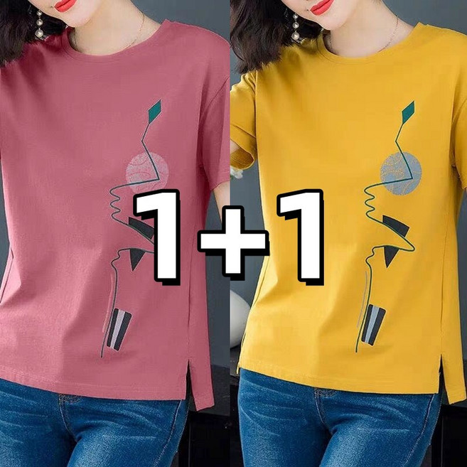 1+1 NEW 캐쥬얼 여성 라운드반팔티 여름 쿨링티셔츠 여자 티셔츠프린팅 상의 루즈핏 빅사이즈 티셔츠-4XL