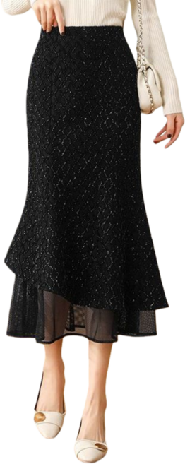 Makone 여성 봄 가을 하이웨스트 패션 힙업 자카르 레이어드 머메이드 롱 스커트