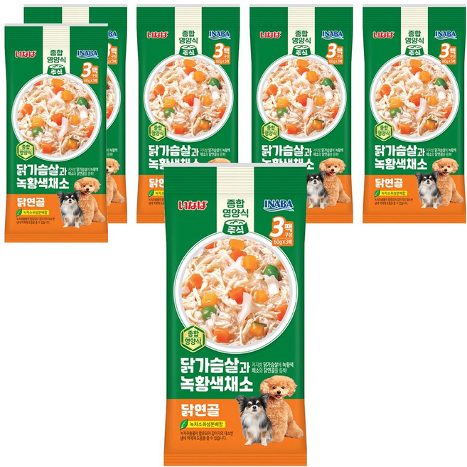 이나바 강아지 녹황색 파우치 QDR-144, 혼합맛(닭가슴살/채소/닭연골), 180g, 6개