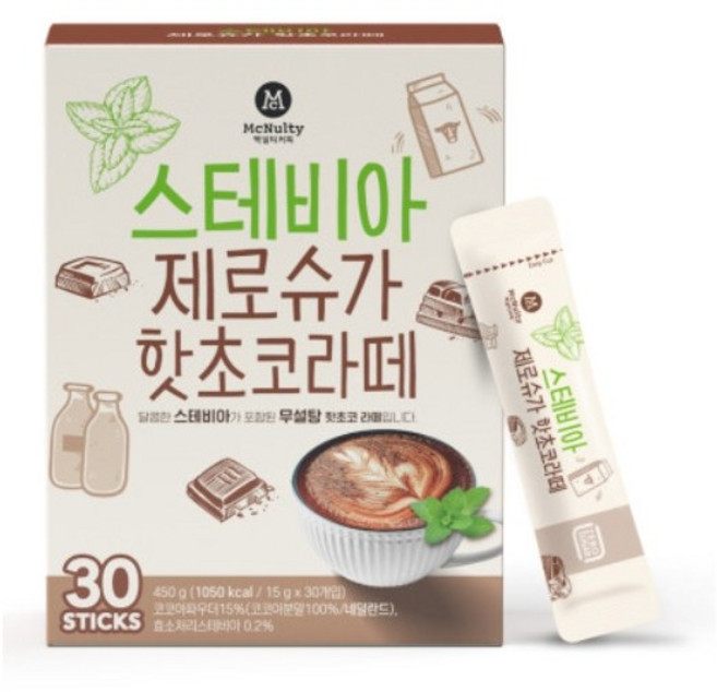 맥널티커피 스테비아 제로슈가 핫초코 라떼, 2개, 30개입, 15g