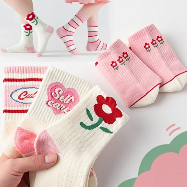 준캡 어린이 아동양말 러블리플라워 중목 유아동양말 5족세트 3세-12세 3가지사이즈 4계절 면양말
