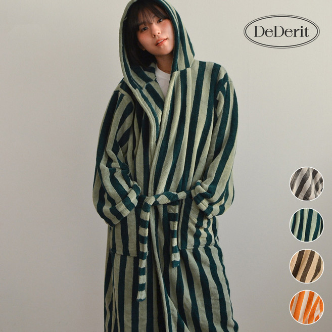 데데리트 극세사 스트라이프 후드 로브 호텔 샤워 비치 가운 타올 수면 홈웨어 라운지웨어 파자마 잠옷