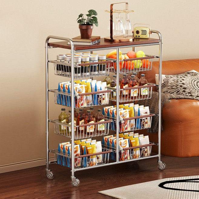Seekfun 고급 트롤리 슬라이딩 이동식 다층 다용도 시스템 멀티 우드상판 튼튼한 철제 바구니 선반 정리, 더블5단