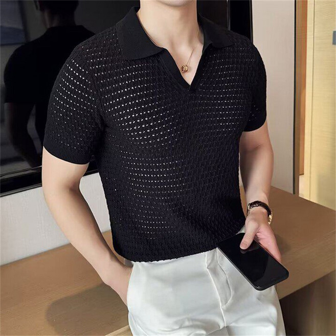 남자 니트 반팔티 여름 카라넥 쿨 티셔츠 슬림 스판 통기성 골지 AJ89