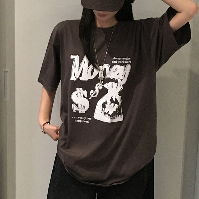 티데일리 남녀공용 머니 프린팅 오버핏 17수 빅사이즈 라운드 반팔 티셔츠