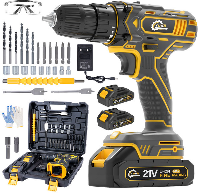 YUON 21V 고출력 무선 충전 해머 전동 드릴 드라이버 고급형 공구세트 4.0Ah 리튬이온배터리, 1개