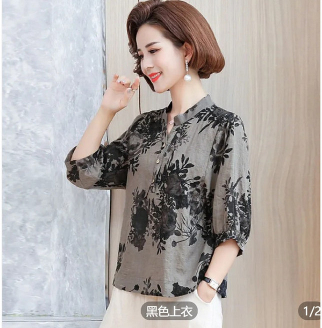 【氣質印花】媽媽裝 中老年女裝 棉麻T恤 印花襯衫 五分袖上衣 寬鬆透氣 夏季時尚 休閒百搭 送媽媽禮物