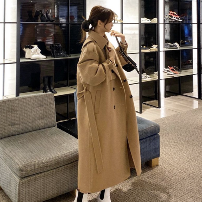 맥시 롱 코트 가 식 모직 여성용 슈퍼 발목까지 두꺼운 무릎 햅번