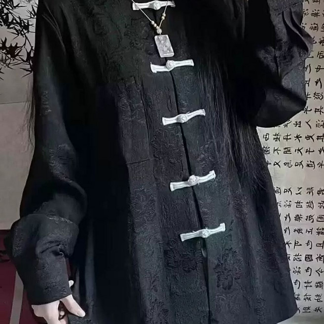 중국전통 복장 청나라 졸업사진 전통의상 상의 무협 트임, 1개, B. 검은색 셔츠, F. 3XL