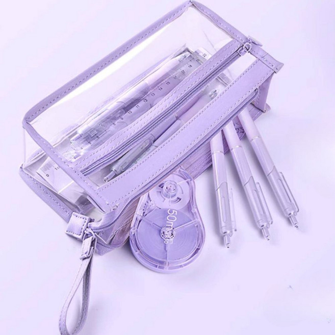 위즈플러스샵 투명 필통 파우치 3단수납 대용량 펜케이스, 1개, 퍼플