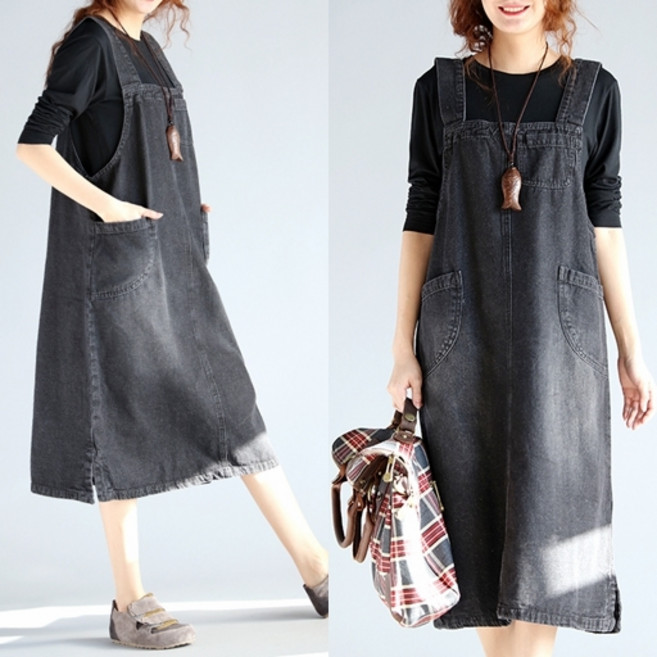 vaviola 바비올라 빅사이즈 데님 멜빵 루즈핏 롱 원피스-38902