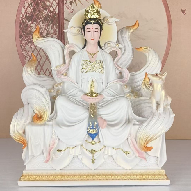 仿瓷九尾狐娘娘神像 靈狐娘娘像 居家供奉擺件, 1個, 12寸九尾狐白仿瓷