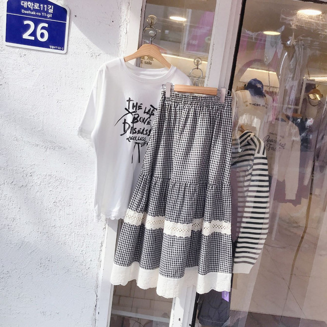 러블리 고방 레이스 체크 롱 스커트