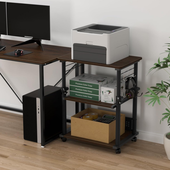 복합기 프린터 책상 선반 거치대 2단 다이 이동식 테이블 바퀴 PC본체 선반 본체받침대, 블랙