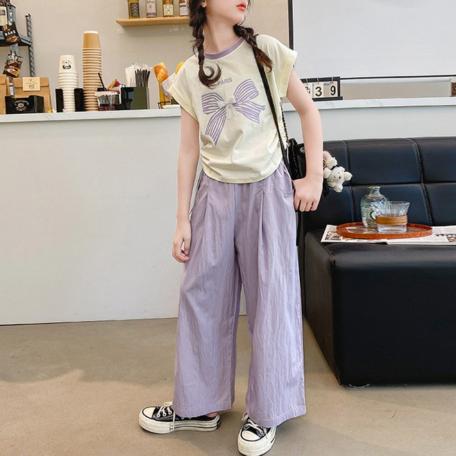 키즈 여아 여름 상하복 세트 라운드넥 반팔 티셔츠 바스락 밴딩 팬츠 긴바지 주니어 투피스