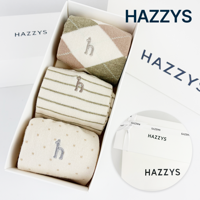 [정품] 헤지스 여성 양말 아이보리 패턴 중목 3종 세트 선물포장 쇼핑백