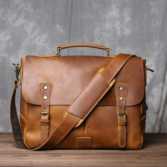 영국 빈티지 크레이지 호스 가죽 핸드백 남성용 크로스바디 고급 소가죽 서류 가방