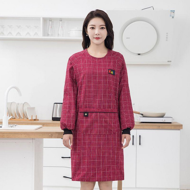 純棉長袖罩衣圍裙家用廚房做飯女透氣舒服帶袖防污工作服 副廠商品, 1個, A71長袖精梳棉-棗紅, A71長袖精梳棉 棗紅
