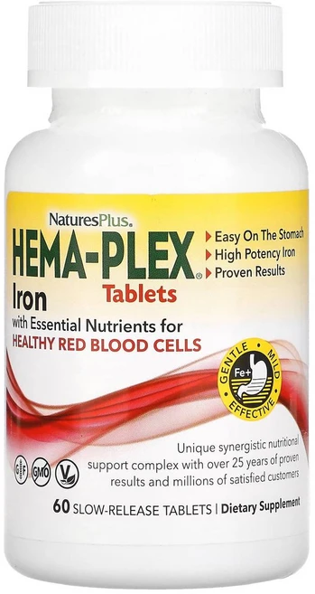 NaturesPlus Hema-Plex 건강한 적혈구를 위한 필수 영양소가 함유된 철분 서방정 60정, NaturesPlus Hema-Plex 건강..., 1개 - 쿠팡